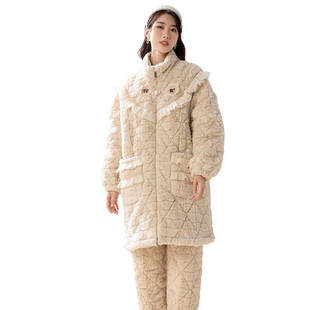 造福鸟睡衣女立领保暖花边三层加厚夹棉甜美优雅小樱桃家居服套装