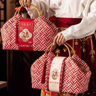 2026中国风新年编织篮马年红色礼品篮伴手礼包装手提篮礼盒包装空