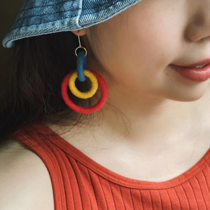 甄姑娘可爱毛线彩色撞色耳环耳夹