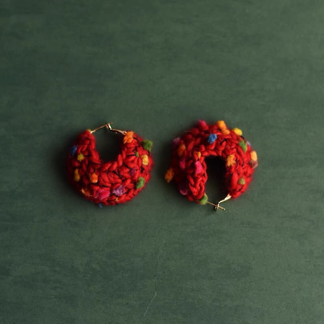 甄姑娘手工原创耳饰钩针圣诞节新年红礼物粗毛线喜庆红色点点耳环