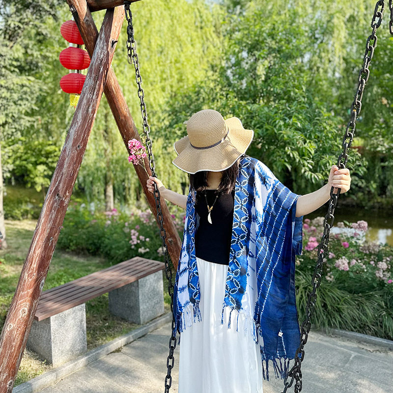 扎染流苏云南丽江旅游民族风披肩外搭夏季女棉麻围巾斗篷防晒披肩
