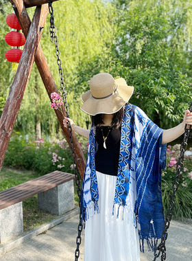 扎染流苏云南丽江旅游民族风披肩外搭夏季女棉麻围巾斗篷防晒披肩