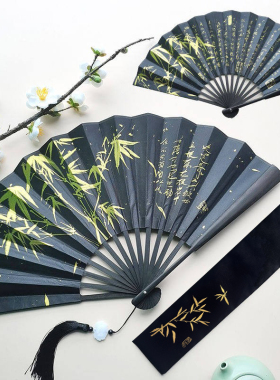 古风折扇黑色烫金扇子双面撕不烂中国风折叠扇将进酒霸气酷炫男扇