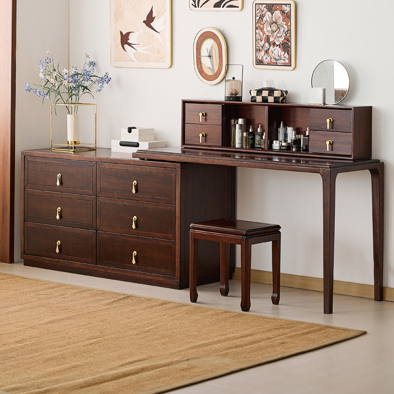 新中式乌金木伸缩化妆台斗柜一体实木化妆桌卧室收纳床尾柜子书桌