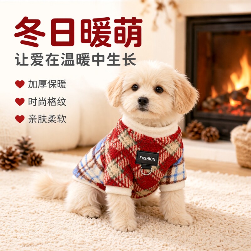秋冬猫咪小猫撞色格纹奥粒绒菱形格加厚宠物衣服批发大猫大狗可穿