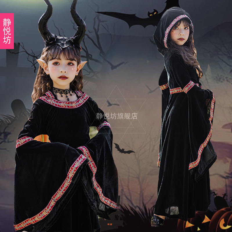 万圣节儿童服装黑色小恶魔女巫吸血鬼长裙巫师长袍魔法师长袖cos
