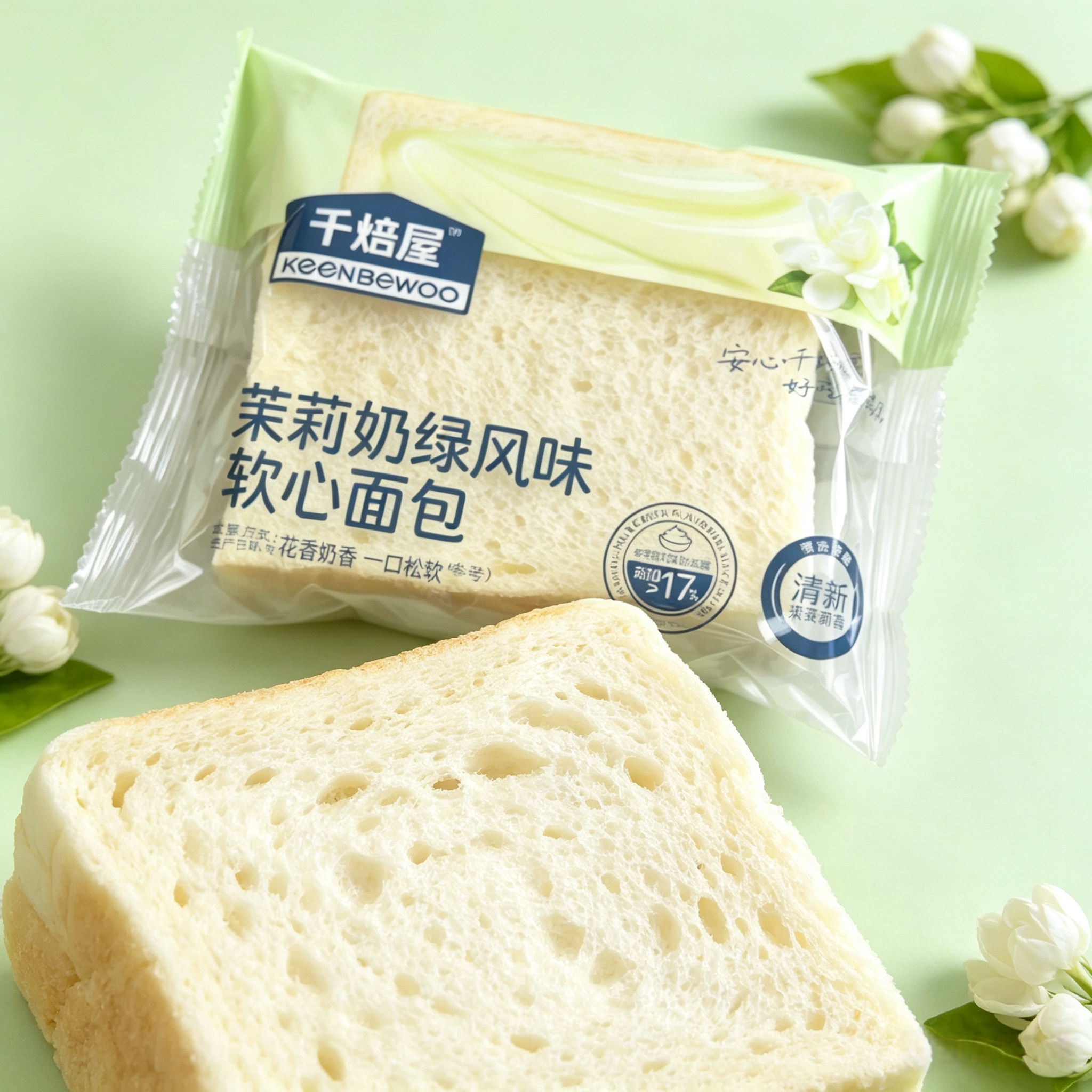 千焙屋新品茉莉奶绿风味软心面包夹心糕点零食下午茶健康代餐