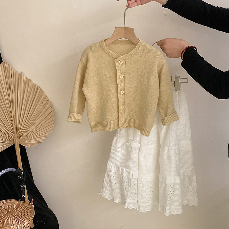 女童韩版针织花边领开衫2025春季新款百搭碎花连衣裙可爱两件套