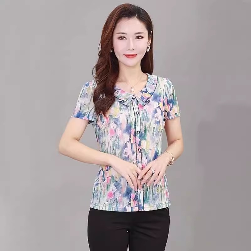 雪琳儿中老年女装夏装弹力台湾网纱短袖时尚修身T恤上衣
