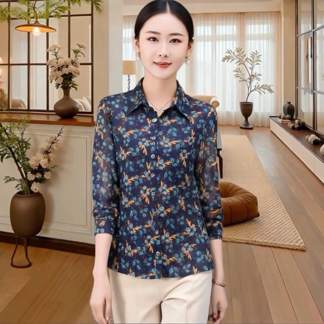 妈妈装中老年女弹力台湾网纱衬衫
