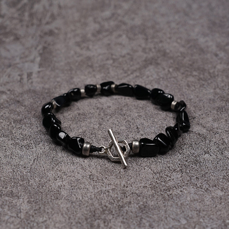 POHIER宝喜儿原创设计925复古银天然随形黑玛瑙情侣手链男女串珠