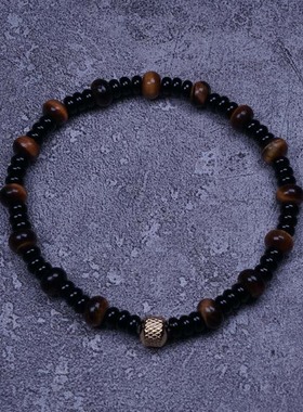 Pohier宝喜儿原创天然虎眼石黑玛瑙隔片简约百搭手链男女手串