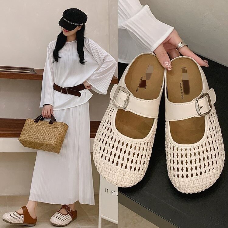 韩版厚底网面镂空包头半拖鞋女2026夏季新款外穿勃肯洞洞凉拖爆款