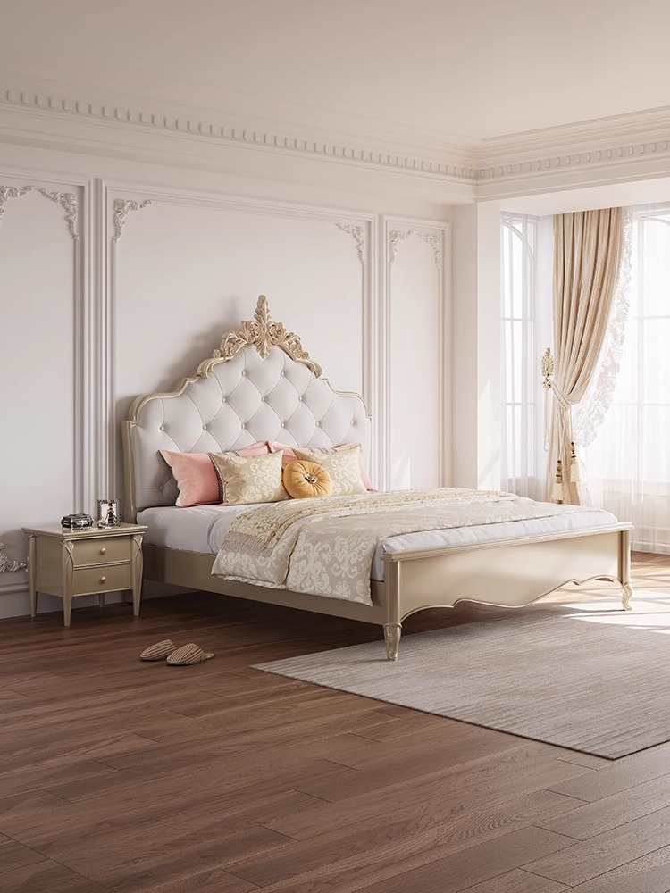 美式轻奢榉木简约现代床实木真皮