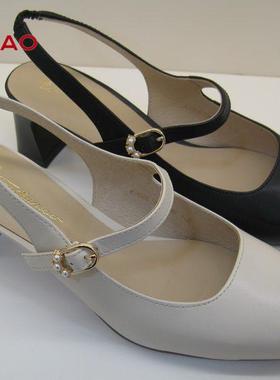 富贵鸟女鞋2022夏新款优雅包头粗跟羊皮女凉鞋工作鞋K200517K