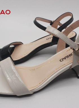 富贵鸟女鞋2021夏季新款优雅水钻粗跟真皮鞋女凉鞋NW161161C