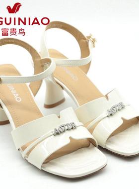 正品富贵鸟女鞋2024夏季新款时尚水钻粗跟女凉鞋N4FR153A-9