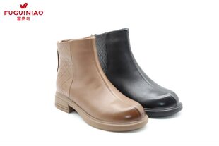 富贵鸟短靴2023冬新款 后拉链绒里牛皮粗跟女靴子G390968CC