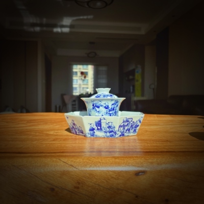 青花百子图盖碗 景德镇手工异形茶器 六方盖碗八方壶承 容量180ml