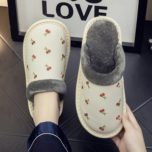 男女室内家用静音棉拖鞋 秋冬季 全牛皮面家居防水橡胶软底保暖拖鞋