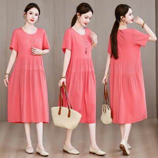 短袖 绵绸连衣裙中老年裙子透气宽松加肥加大200斤中长款 大码 新款