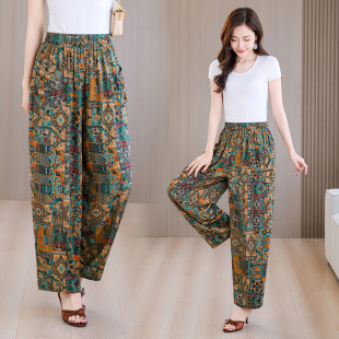 印花宽松新款 女松紧高腰妈妈时尚 民族风中老年松紧 棉绸九分裤 夏季