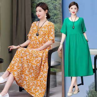女 裙子宽松大摆裙加肥加大200斤妈妈装 新款 中老年绵绸连衣裙大码