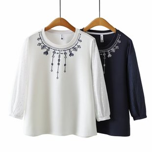 200斤帝伦奴那刺绣花九分袖 女装 上衣T恤2558 加肥加大码 2025秋季