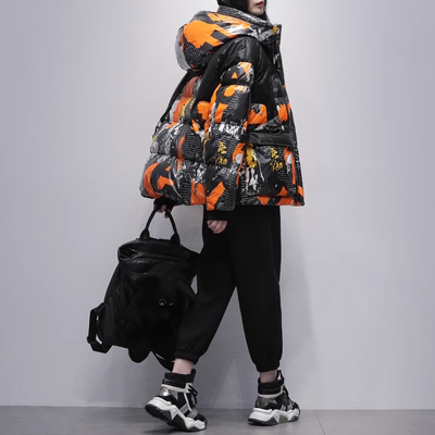 撞色连帽白鹅绒加厚短款羽绒服女