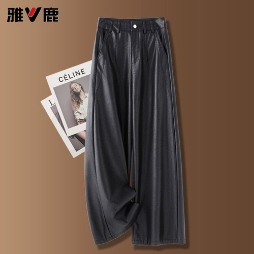 雅鹿黑色阔腿PU皮裤女秋冬加厚
