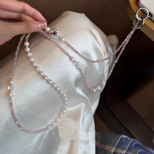 爱心斜跨高级白色爱心串珠手机挂绳手机链斜挎可背带手机挂链项链