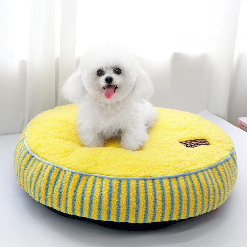 宠物撞色条纹中小型犬羊羔绒可拆洗深睡垫踩奶宠物垫狗窝圆形50cm