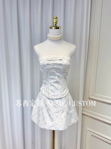 小众设计款法式碎花蝴蝶结抹胸带胸垫绑带上衣低腰A摆裙裤两件套