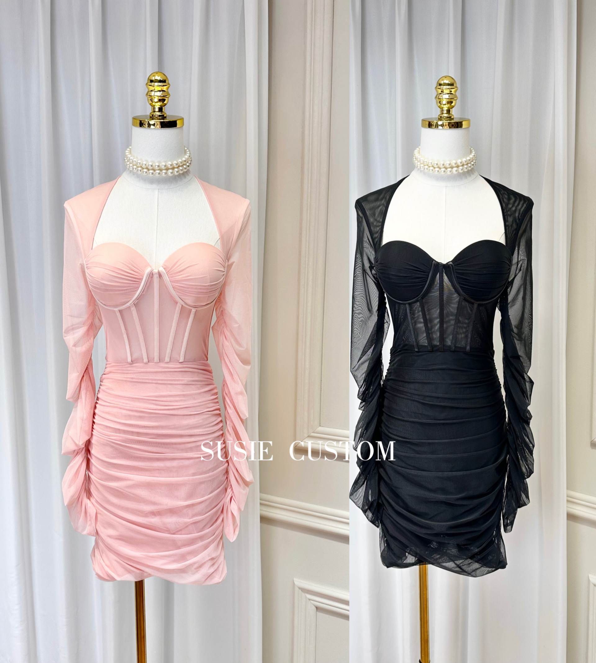 高定纯欲风辣妹软纱带胸垫鱼骨设计感收腰褶皱包臀连衣裙小礼服裙