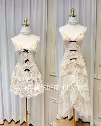 高定设计款纯欲显身材深V领蕾丝不规则层层开叉吊带裙生日礼服裙