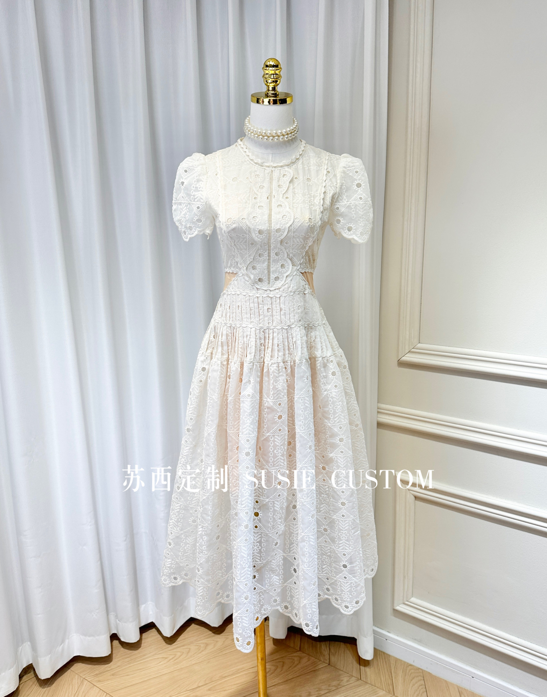 高定制显气质法式泡泡袖镂空蕾丝刺绣花收腰蓬蓬大摆长裙连衣裙