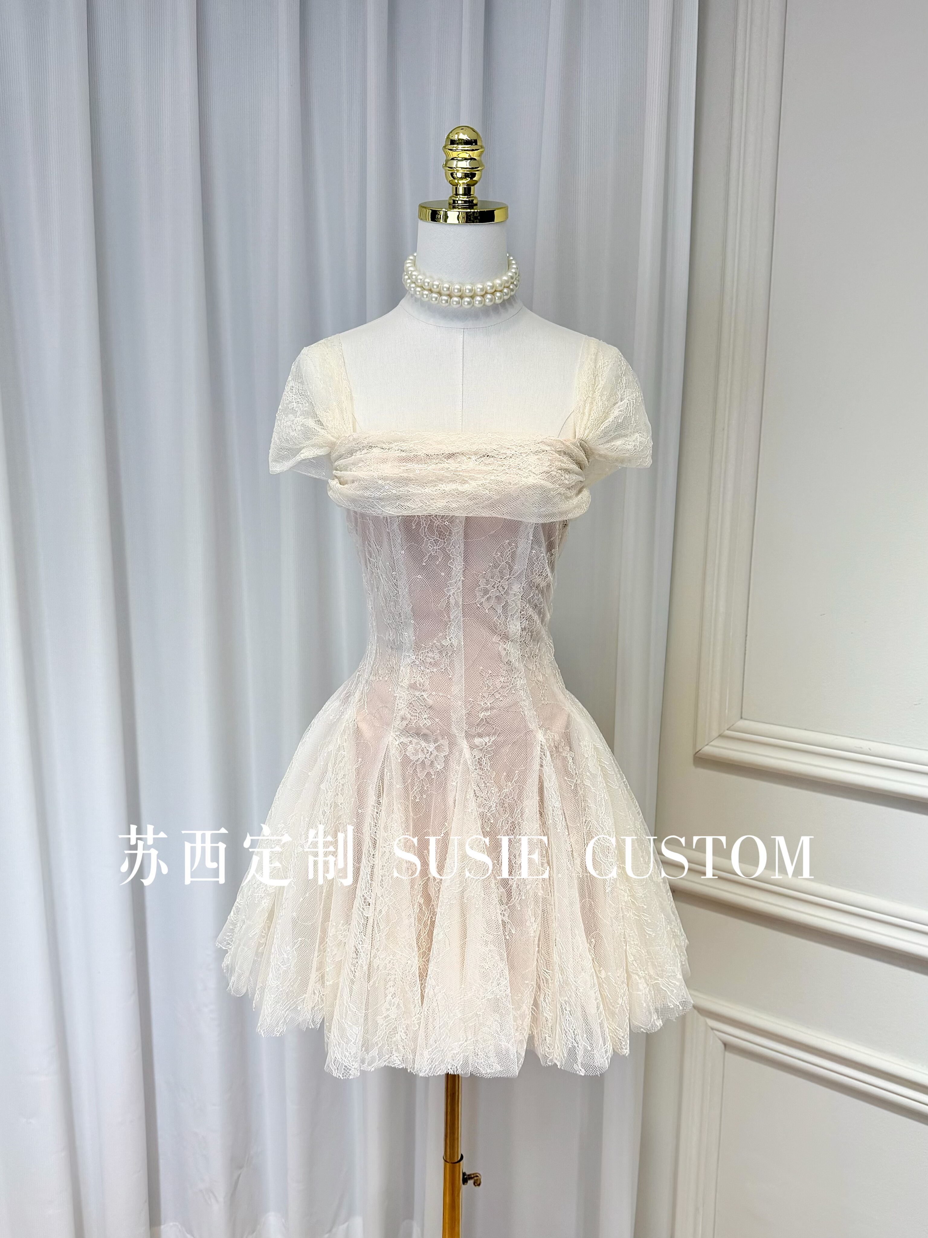 高定设计法式公主款蕾丝肩带可一字肩收腰蓬蓬裙成人礼生日礼服裙