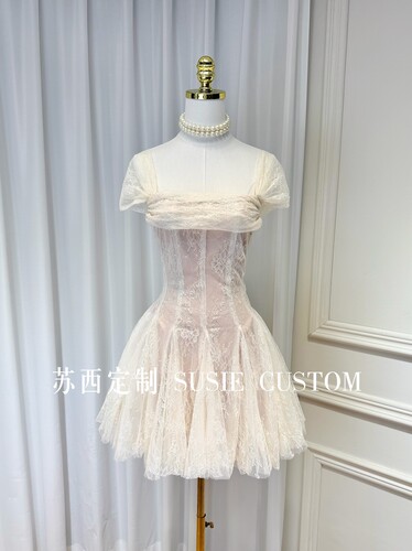 高定设计法式公主款蕾丝肩带可一字肩收腰蓬蓬裙成人礼生日礼服裙