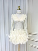 公主泡泡袖 定制款 温柔法式 深V领蕾丝花边收腰蓬蓬短裙秋冬小白裙