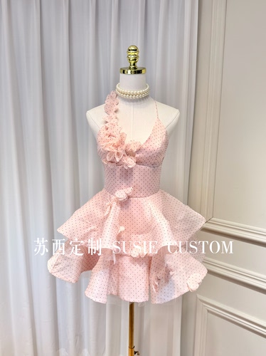 高定小众款立体花朵波点深V领露背绑带收腰蓬蓬裙生日度假礼服裙