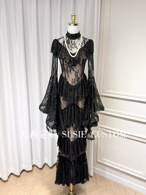 高定设计款法式复古微透蕾丝荷叶边大喇叭袖收腰包臀鱼尾长裙礼服