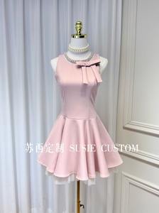 高定设计款法式千金风撞色网纱拼接收腰蓬蓬连衣裙蝴蝶结礼服裙