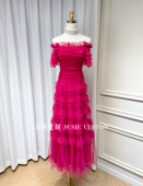 高定制法式 复古气质显瘦一字肩木耳边抹胸波点网纱大摆蛋糕长裙