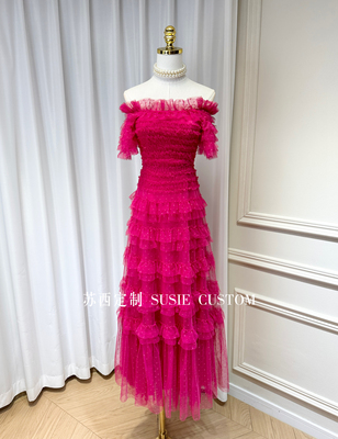 高定制法式复古气质显瘦一字肩木耳边抹胸波点网纱大摆蛋糕长裙