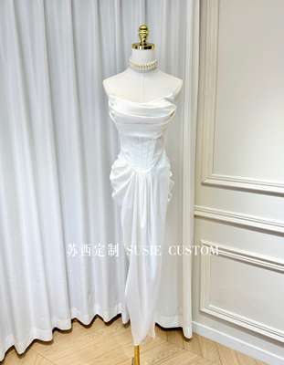 高定设计感带胸垫抹胸鱼骨收腰褶皱包臀开叉裙新娘结婚敬酒服礼服