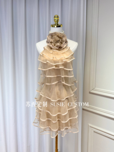 高定越南小众款立体花朵挂脖不规则荷叶边网纱蛋糕生日礼服度假裙