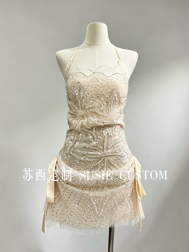 高定重工刺绣串珠亮片挂脖绑带露背收腰蝴蝶结A摆短裙生日礼服裙