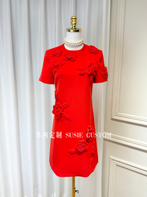 高定制显气质立体手工缝花朵短袖修身小A摆红色连衣裙礼服裙
