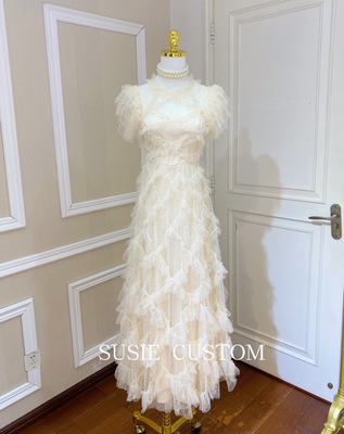 高定制重工网纱波点褶皱木耳边蛋糕袖修身收腰网纱大摆长裙连衣裙