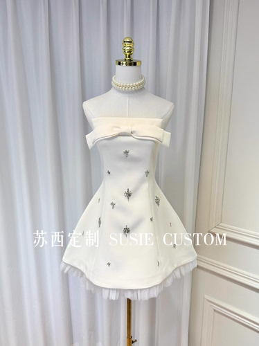 高定千金公主款蝴蝶结抹胸水钻串珠收腰A摆褶皱纱裙摆生日礼服裙